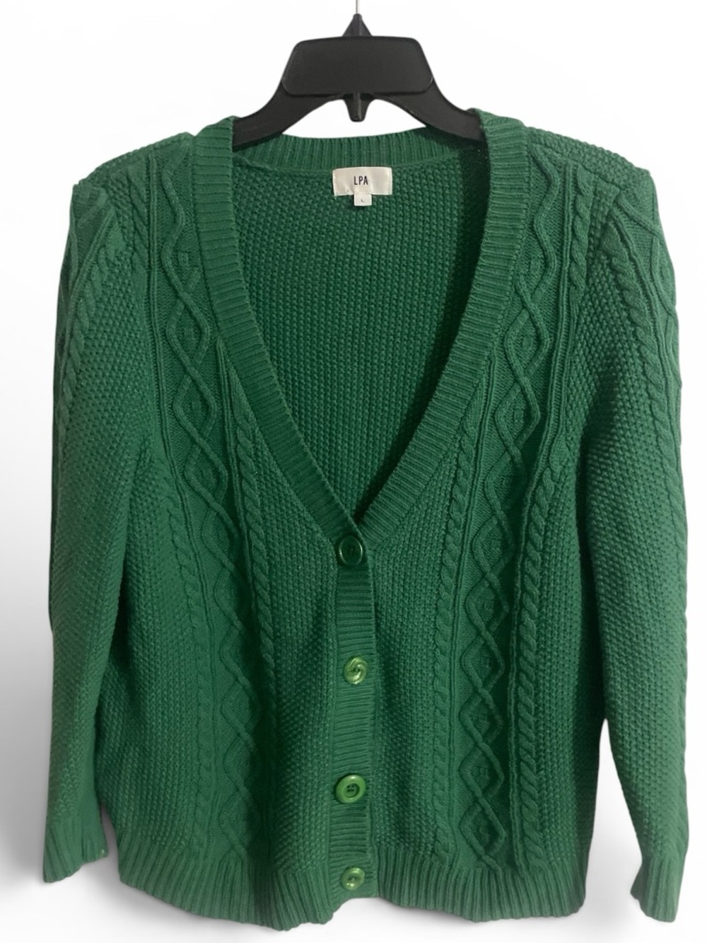 LPA green cable-knit pattern cardigan buttons